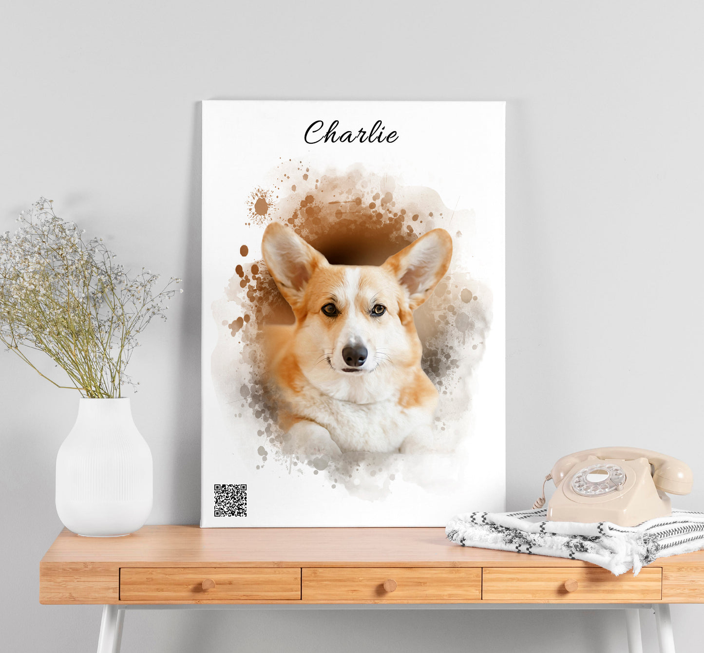 Custom Watercolor Pet Portrait from Photo with Video QR Code