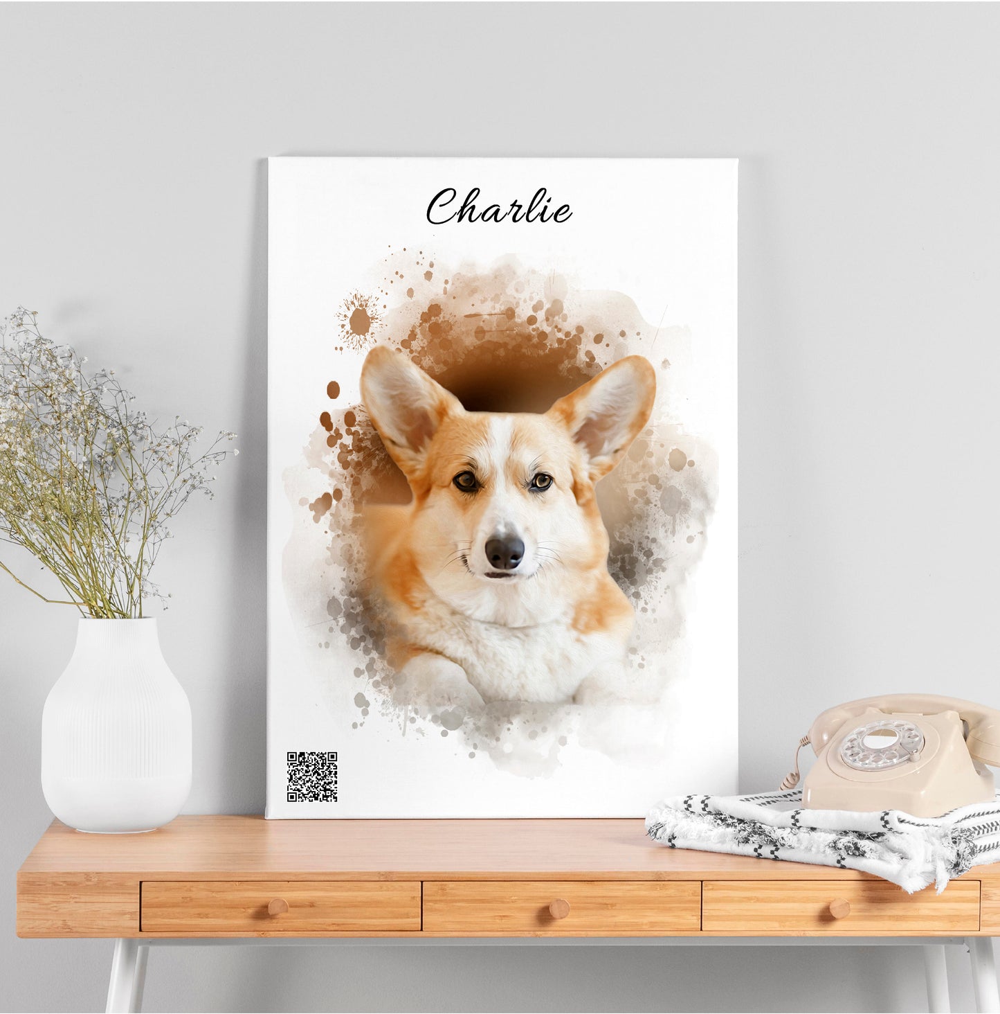 Custom Watercolor Pet Portrait from Photo with Video QR Code