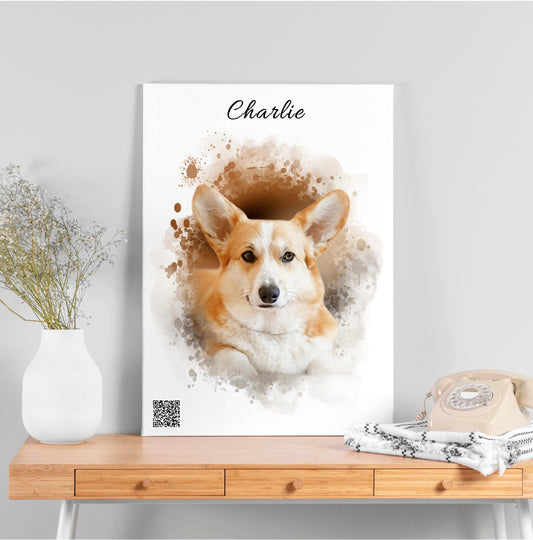 Custom Watercolor Pet Portrait from Photo with Video QR Code